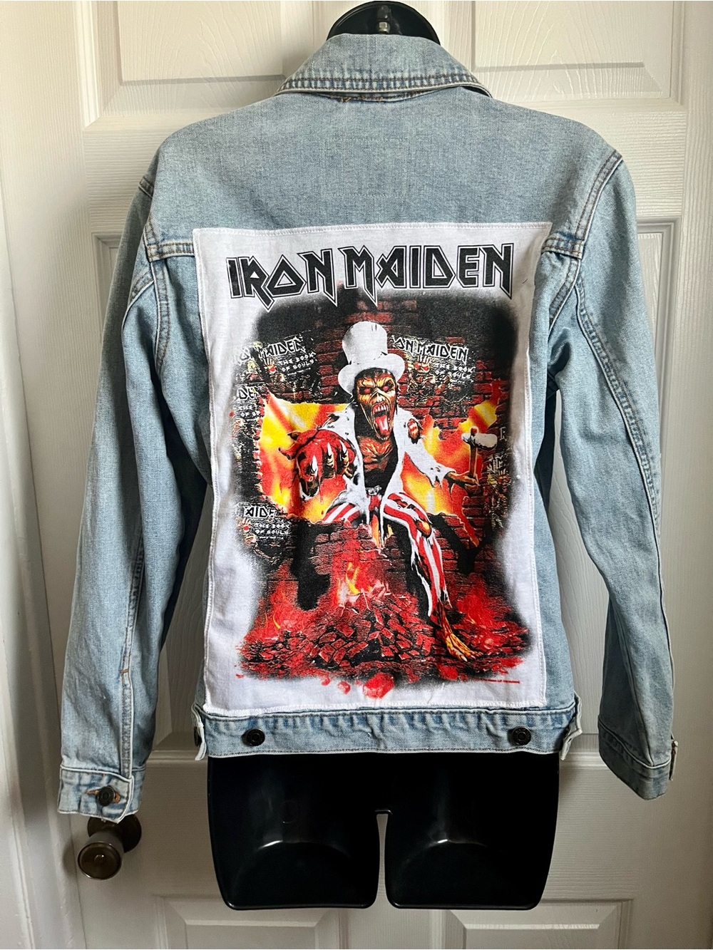 Iron Maiden Jeans Coat Jacket Medium 10 Women Upcycled Denim Long Sleeve Blue